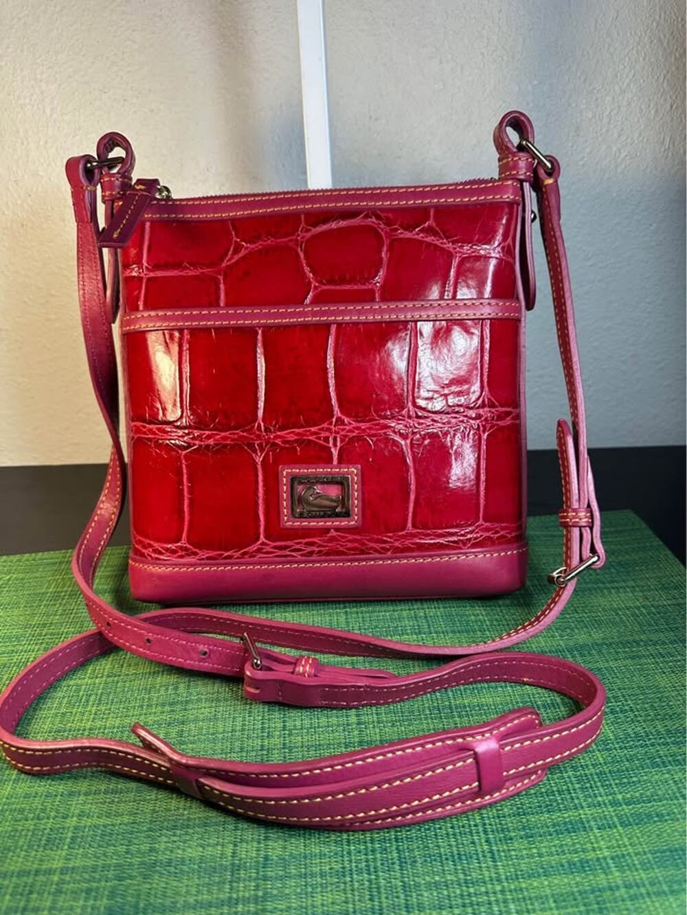 Dooney & Bourke Croco Embossed Leather Crossbody - Red & Dark Pink